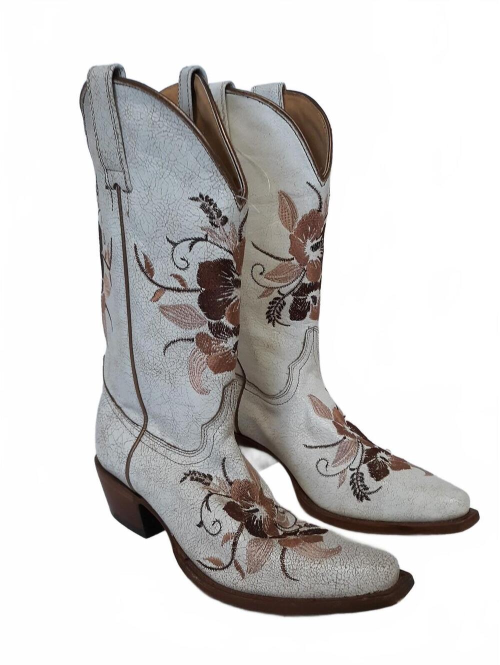 Shyanne Belle Crackle White Floral Embroidered Cowgirl Boots Women's Size 7.5 M